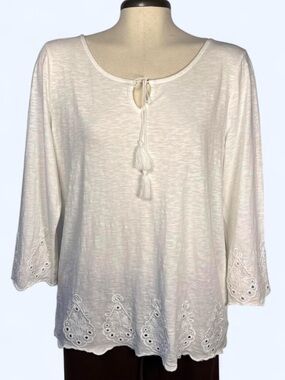 Talbots White Eyelet Embroidered Boho Peasant Top 100% Cotton 3/4 Sleeve Medium